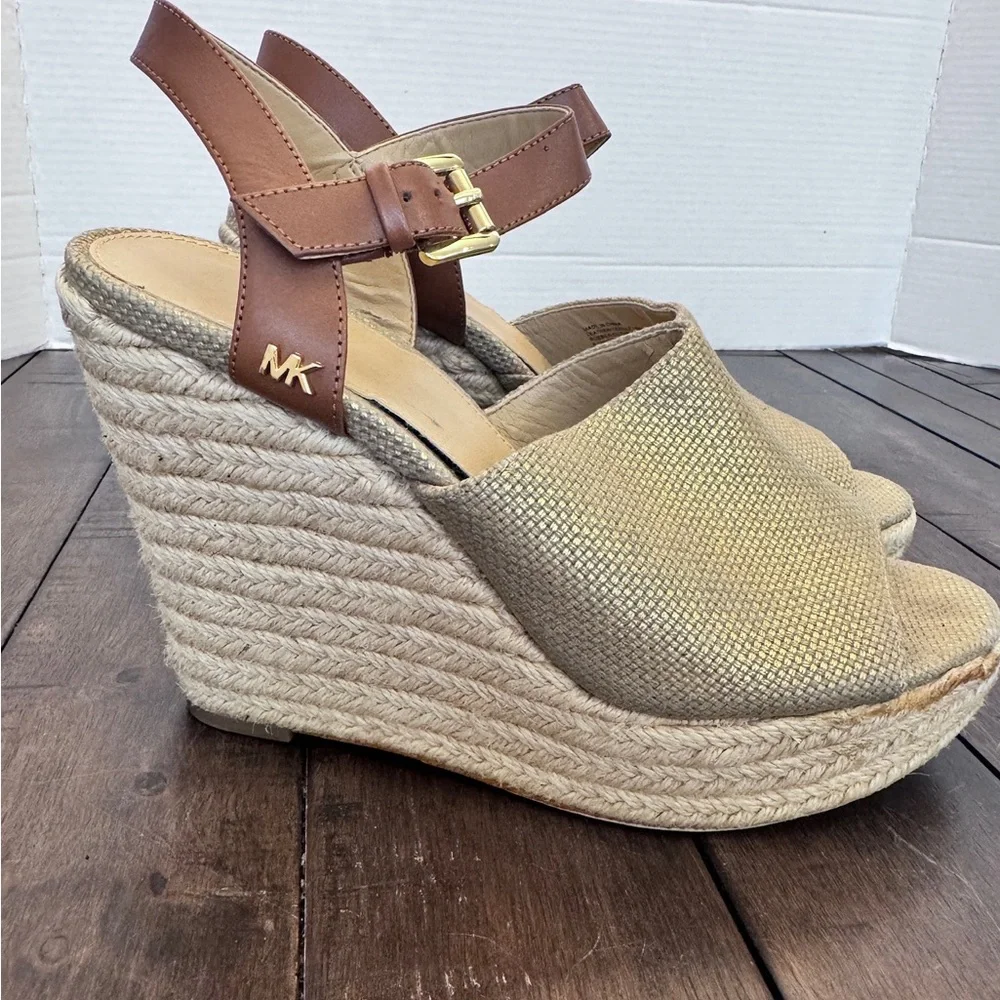 MICHAEL Michael Kors Penelope Jute Wedge Platform Sandals Gold-Tone Canvas 8.5